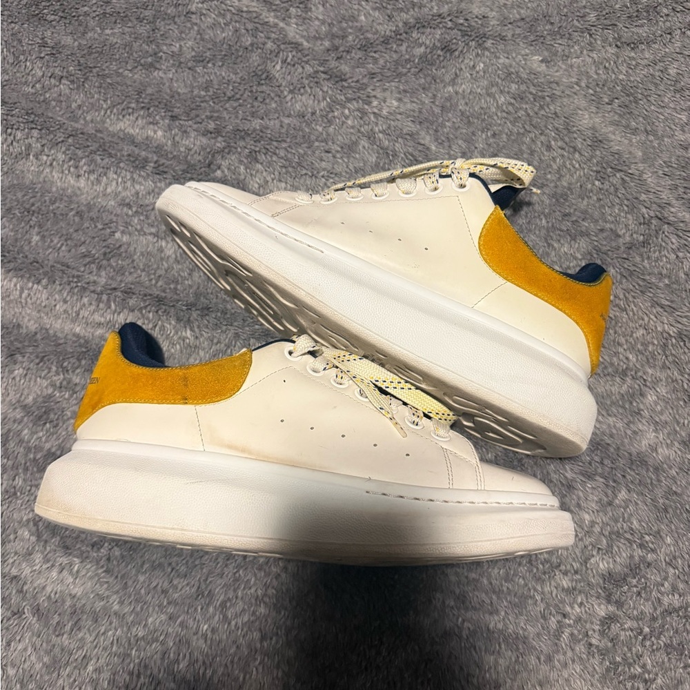 Alexander McQueen Men's White Low-Top Sneakers with Yellow Heel Accent